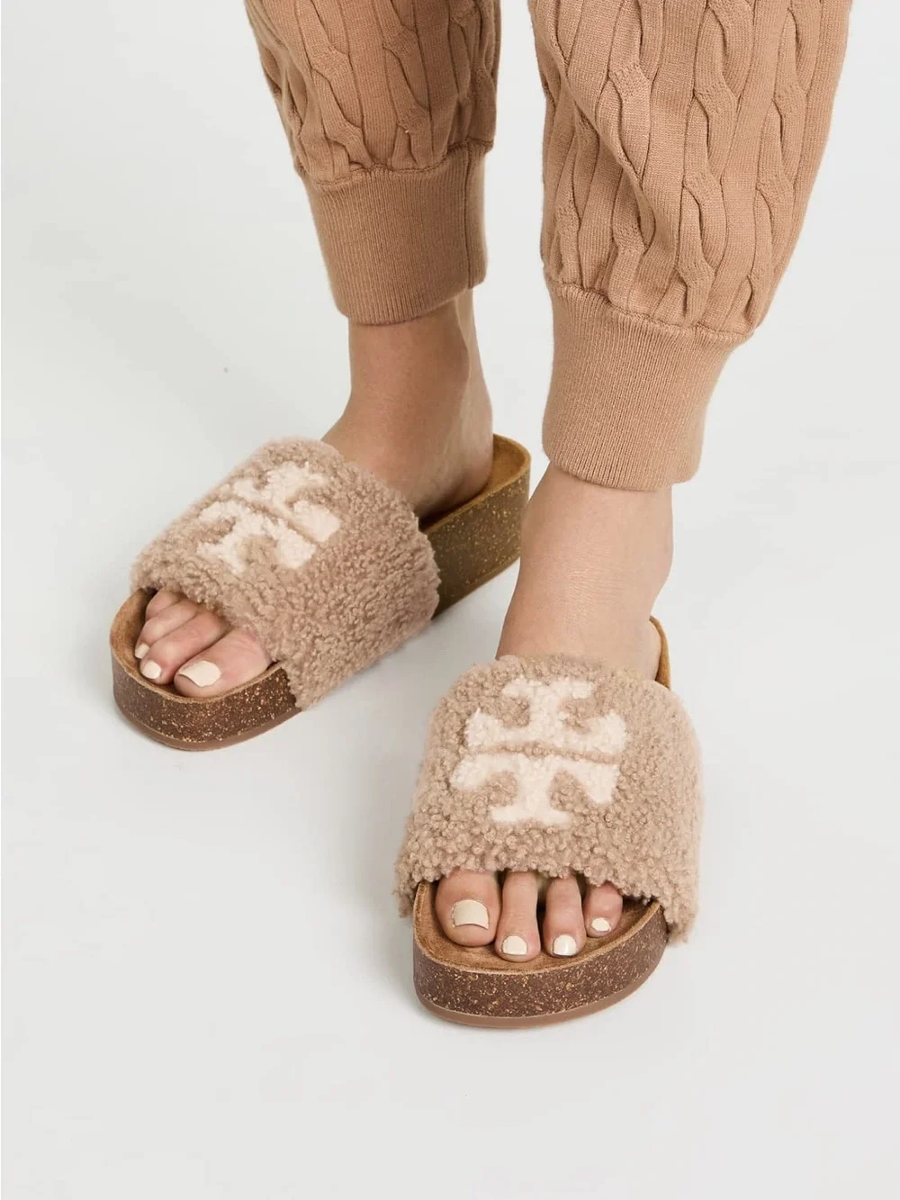 Tory Burch Beige Shearling Platform Slide Sandals